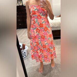 Linen Floral Sleeveless Dress - Pink and Orange